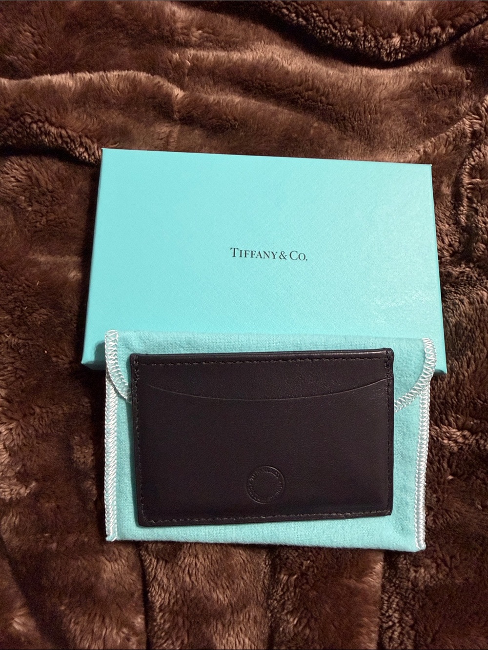 Tiffany & Co. Black Leather Slim Card Holder with Signature Blue Pouch